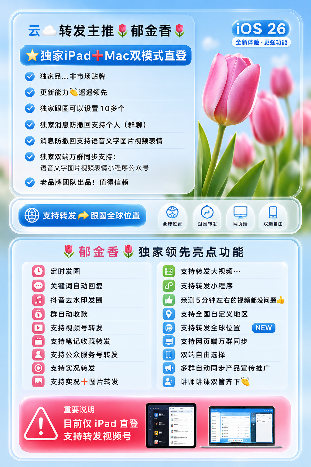 独家品非市场贴牌郁金香,云转发主推郁金香, 独家双模式直登王炸组，合免扫码器 iPad+Mac直登双模式